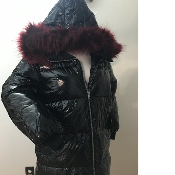 F21 PLUS SIZE black shiny hooded puffer parka coat jacket burgundy red fox fur - Picture 1 of 9